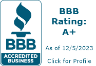 The footer of the website prominently displays BBB rating A.