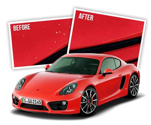 Red Porsche Boxter car with before and after images of paint touch up behind it.