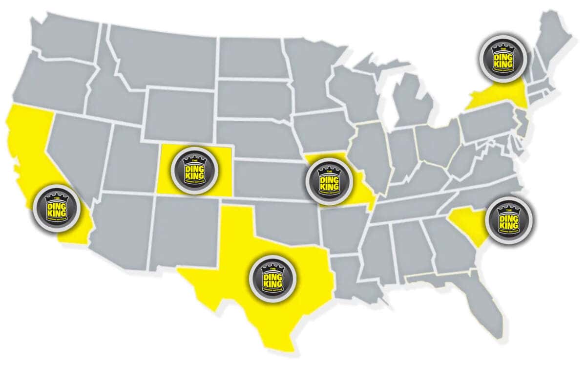 A graphic of the United States with highlighted states and logos indicating locations of Paintless Dent Repair (PDR) training centers.