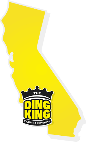 Logo of "The Ding King Paintless Dent Repair Training Institute" superimposed on a yellow silhouette of California.