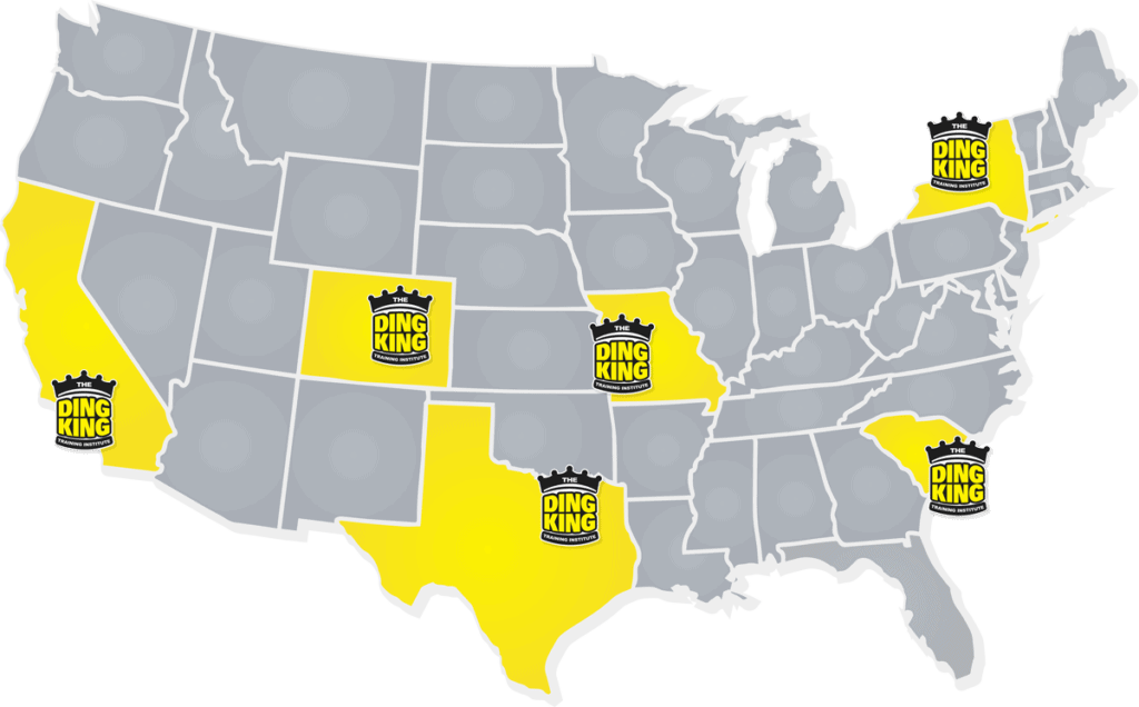 Map of the United States highlighting five states in yellow with a "Ding King" logo, representing locations of the paintless dent repair training school, placed over each highlighted state.