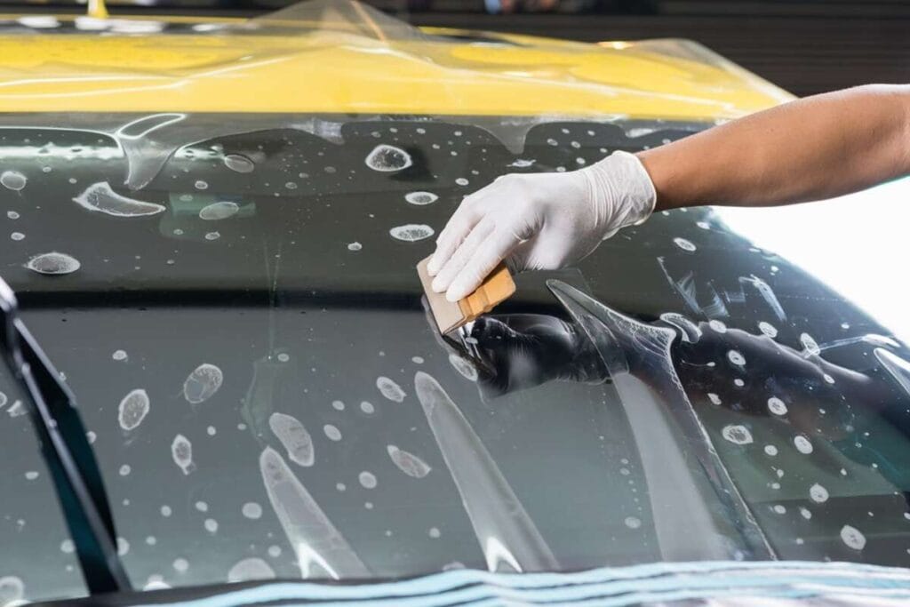 A person wearing a white glove uses a squeegee to apply or smooth out paint protection film on a car's windshield, showcasing their precision and skill acquired through dedicated paint protection film training.