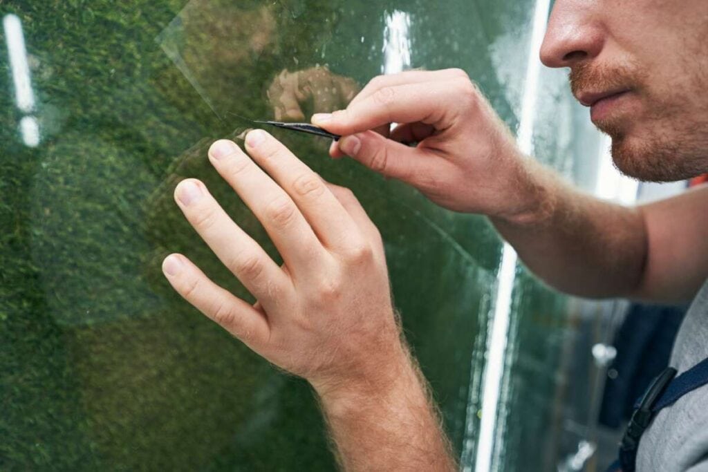 A person using tweezers to peel back a layer of transparent plastic from a green surface during paint protection film training.