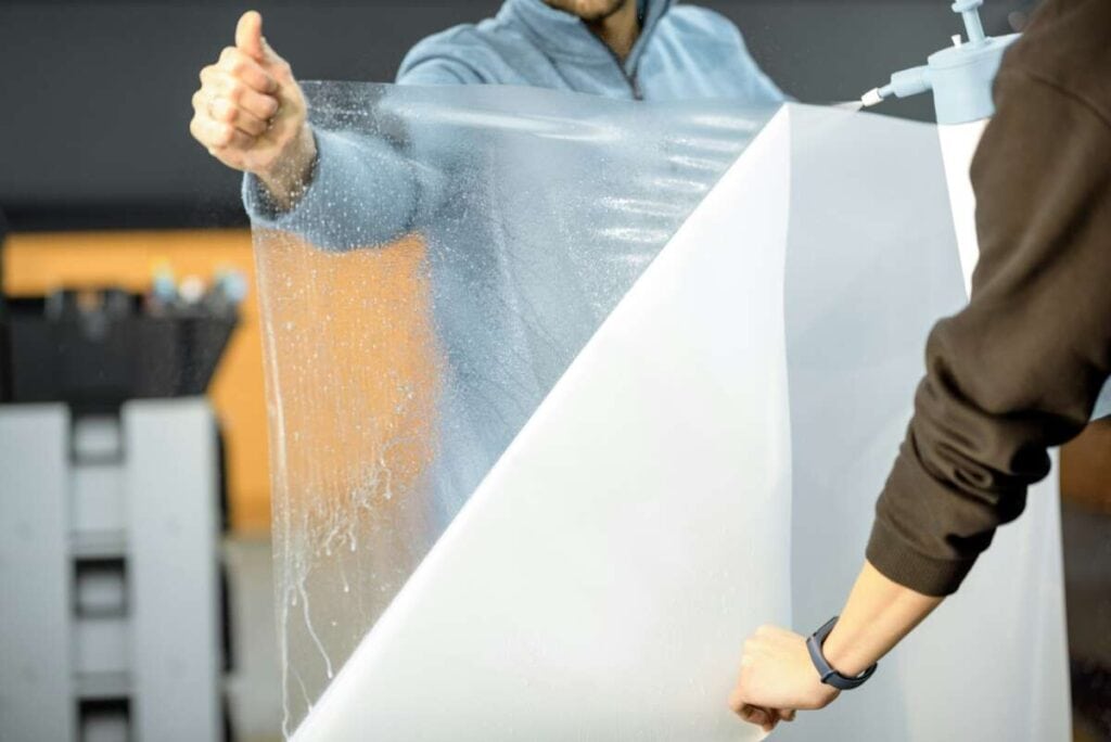 Two people are engaged in paint protection film training, applying a transparent film to a white surface with precision. One person keeps the film taut while the other skillfully uses a tool to ensure seamless application.