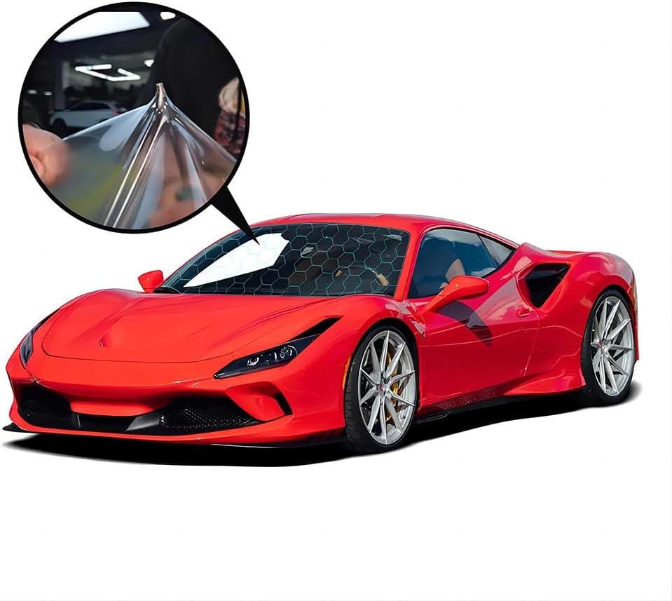 A red sports car, spotlighting its flawless paint protection film application, is featured in an inset circle.