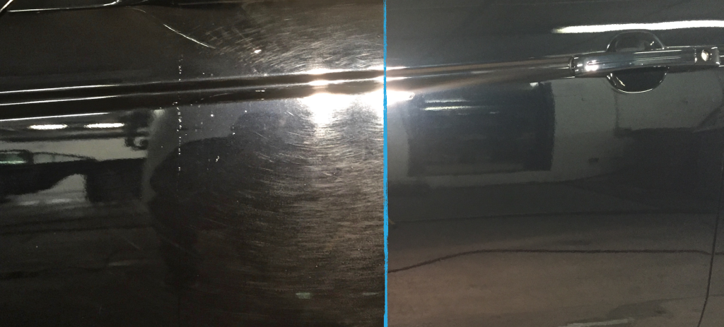 A car door displays noticeable swirl marks on the left, contrasting with a sleek polish on the right, highlighting the need for clear coat repair.